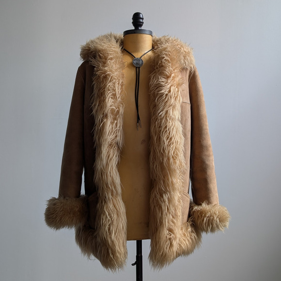 Vintage Jackets & Blazers - 70s Vintage Brown Leather Penny Lane Coat Tan Suede Fur Groovy Boho Afghan Coat